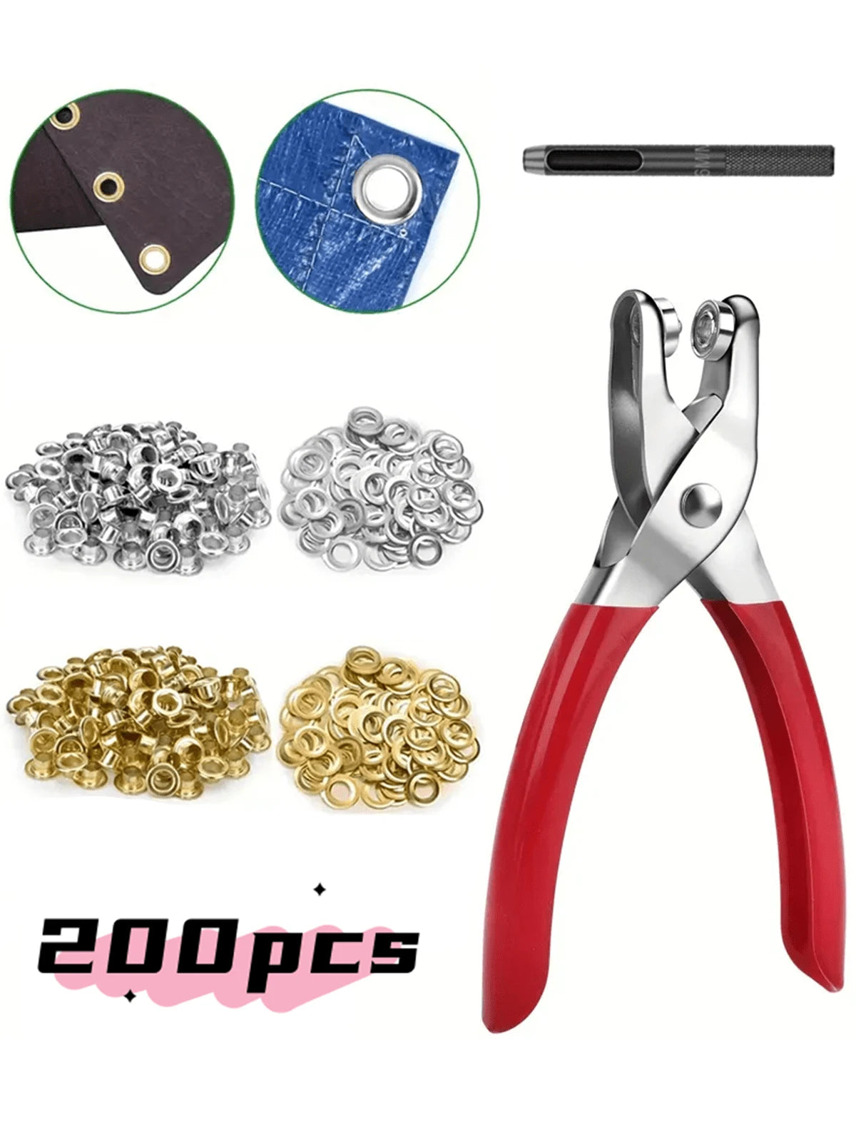 200pcs 6mm/0.24in Household Portable Grommet Tool Kit With Handheld Eyelet Pliers-Clothing & Shoe Repair, Suitable For Leather, Fabric & Canvas-Ideal For Crafters & DIY Enthusiasts