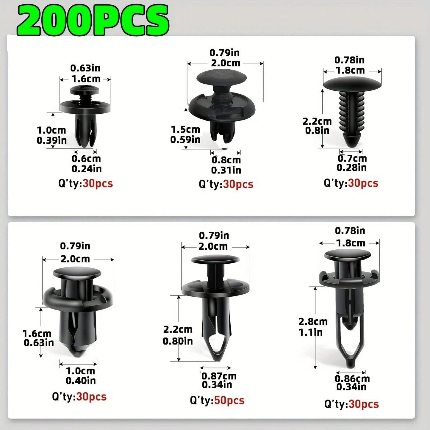 200pcs Universal Car Push Rivet Set- 6mm/7mm/8mm/9mm/10mm Six Size Mixed Bumper Retainer Clips & Auto Push Pin Fasteners (Compatible With Most Sedans, SUVs & Trucks), Complete Auto Trim Removal Tool