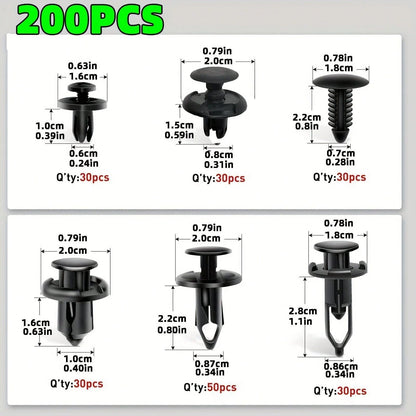 200pcs Universal Car Push Rivet Set- 6mm/7mm/8mm/9mm/10mm Six Size Mixed Bumper Retainer Clips & Auto Push Pin Fasteners (Compatible With Most Sedans, SUVs & Trucks), Complete Auto Trim Removal Tool