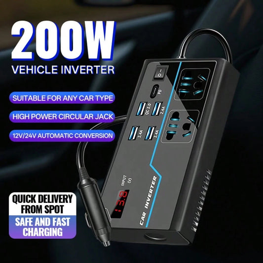 200W Car Power Inverter With USB/PD/Type-C Charging Ports, DC 12V/24V To AC 110V/220V Converter
