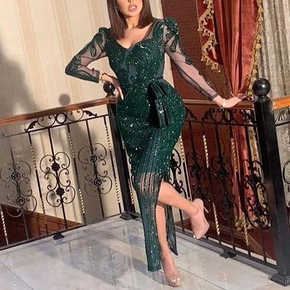 2020 European And American Fashion New Women's Dress With Gold Accents, Long-Sleeved Sexy Gown