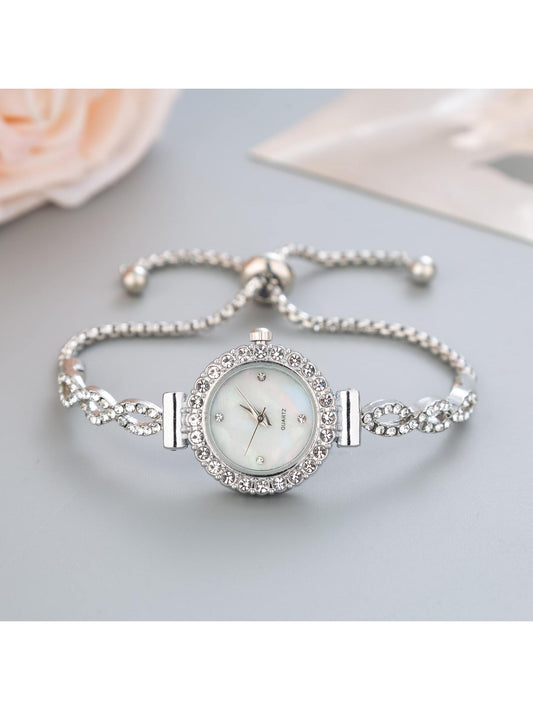 2023 Cute Fashionable Women's Bracelet Watch- Deluxe Round Dial With Rhinestone & Water Pattern, Alloy Band & Quartz Movement- Perfect Girlfriend Gift Holiday As A Gift For Students Returning To Sch