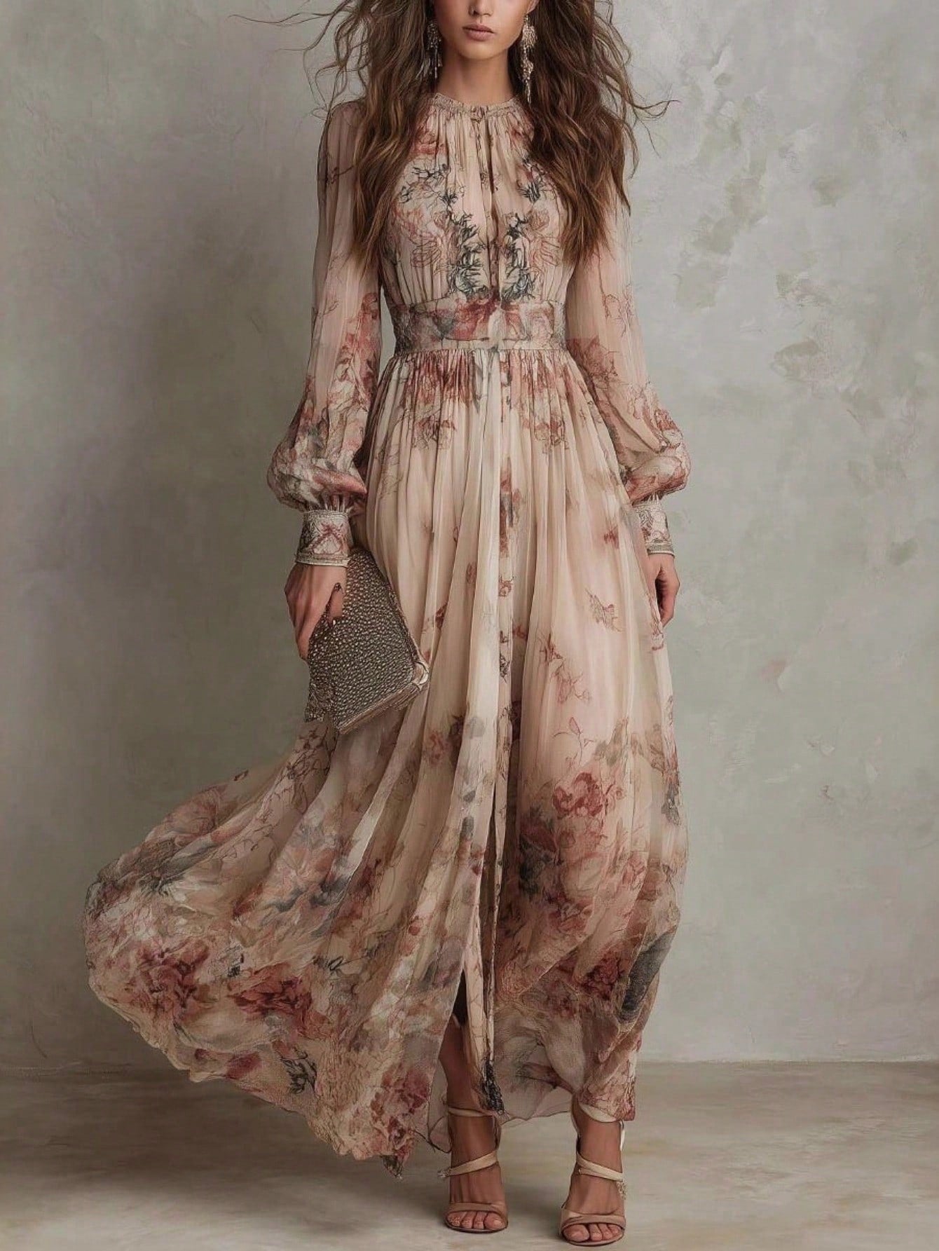 2026 Casual Gown With A Vintage Floral Chiffon Design, Featuring A Crew Neck, Long Sleeves, And A Ruched Waist