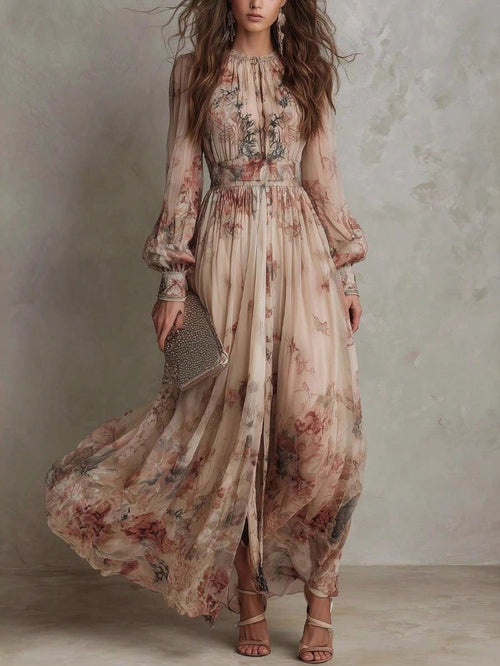 2026 Casual Gown With A Vintage Floral Chiffon Design, Featuring A Crew Neck, Long Sleeves, And A Ruched Waist