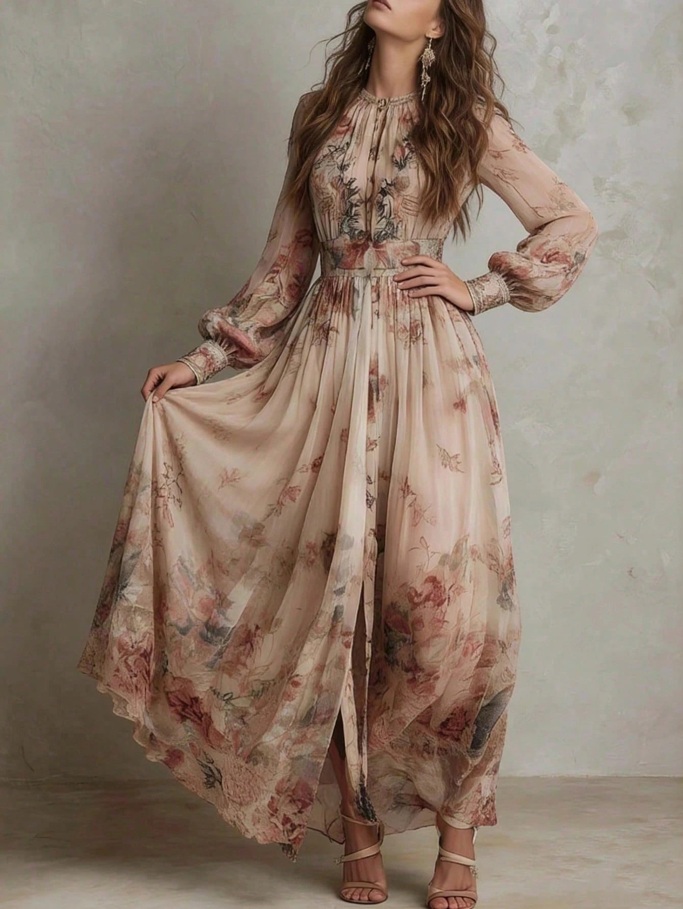 2026 Casual Gown With A Vintage Floral Chiffon Design, Featuring A Crew Neck, Long Sleeves, And A Ruched Waist
