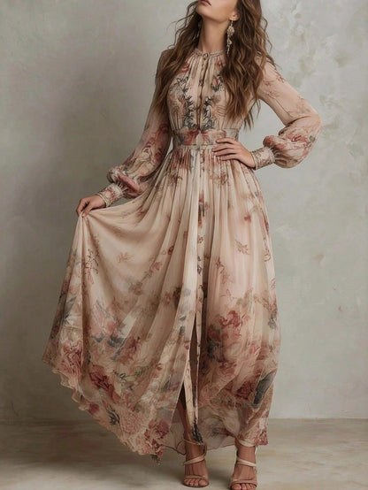 2026 Casual Gown With A Vintage Floral Chiffon Design, Featuring A Crew Neck, Long Sleeves, And A Ruched Waist