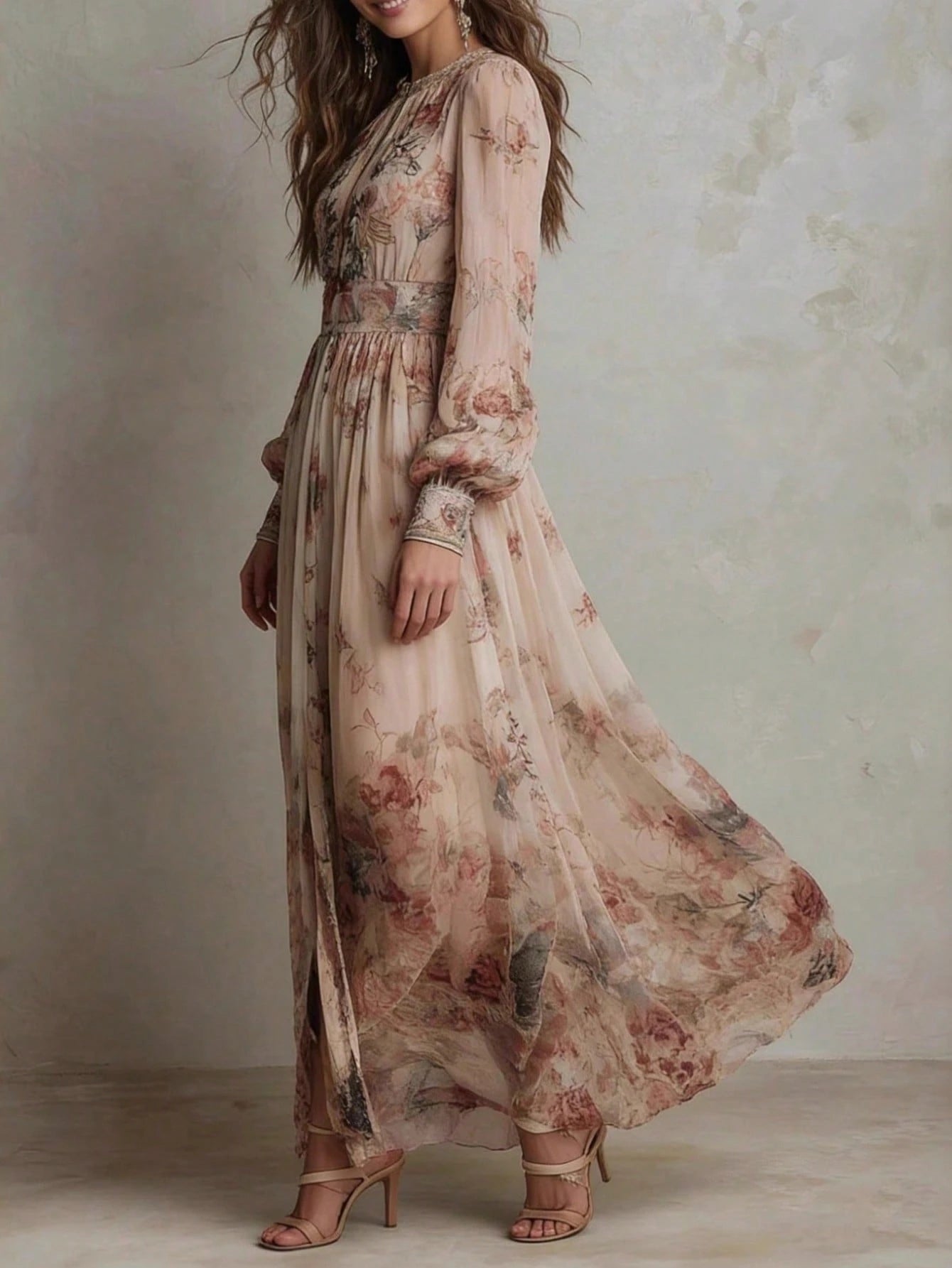 2026 Casual Gown With A Vintage Floral Chiffon Design, Featuring A Crew Neck, Long Sleeves, And A Ruched Waist