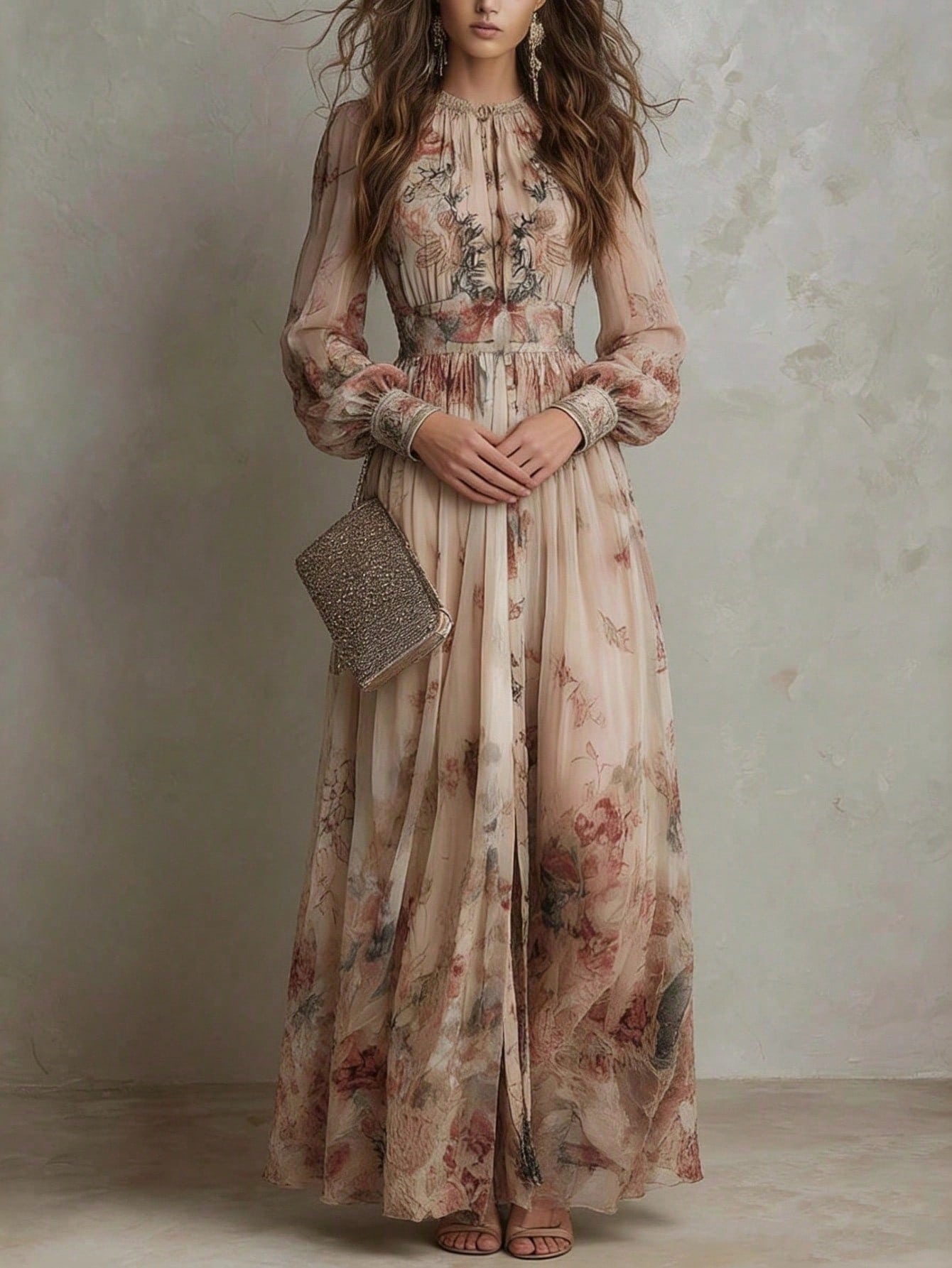2026 Casual Gown With A Vintage Floral Chiffon Design, Featuring A Crew Neck, Long Sleeves, And A Ruched Waist