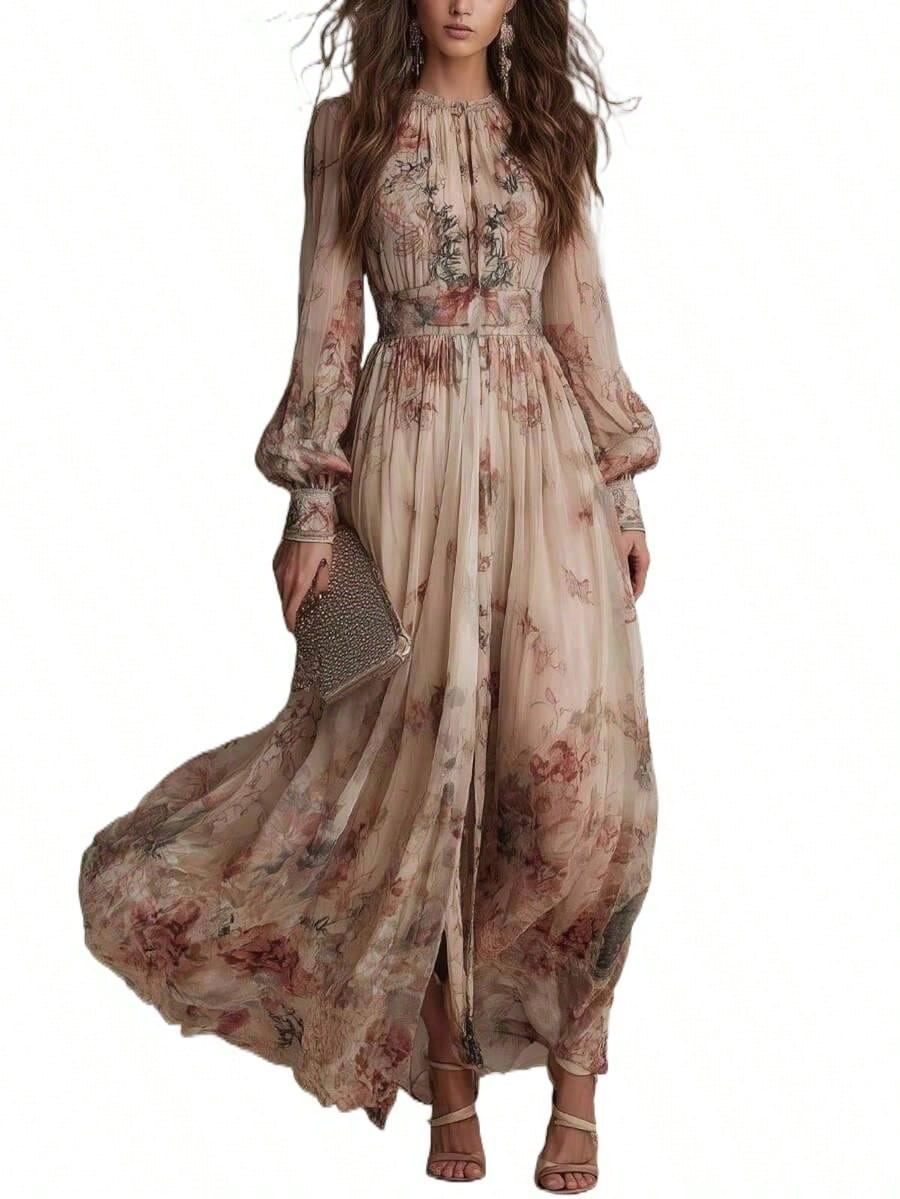 2026 Casual Gown With A Vintage Floral Chiffon Design, Featuring A Crew Neck, Long Sleeves, And A Ruched Waist