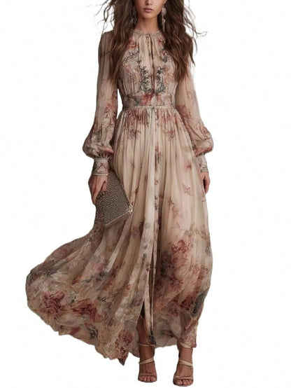 2026 Casual Gown With A Vintage Floral Chiffon Design, Featuring A Crew Neck, Long Sleeves, And A Ruched Waist