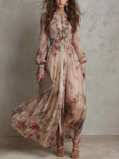2026 Casual Gown With A Vintage Floral Chiffon Design, Featuring A Crew Neck, Long Sleeves, And A Ruched Waist