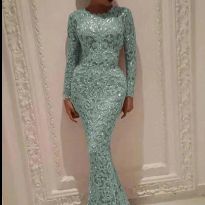 2026 European And American Spring New Women's Fashion Gold-Embossed Long-Sleeve Slim-Fit Sexy Long Dress Evening Gown For Women
