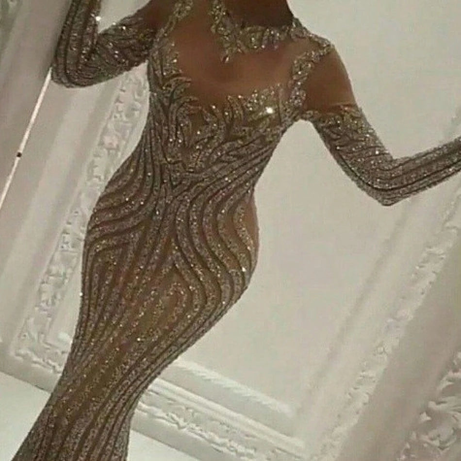 2026 European And American Spring New Women's Fashion Gold-Embossed Long-Sleeve Slim-Fit Sexy Long Dress Evening Gown For Women