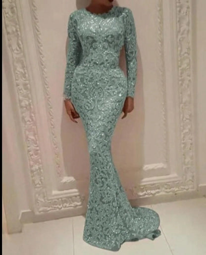 2026 European And American Spring New Women's Fashion Gold-Embossed Long-Sleeve Slim-Fit Sexy Long Dress Evening Gown For Women