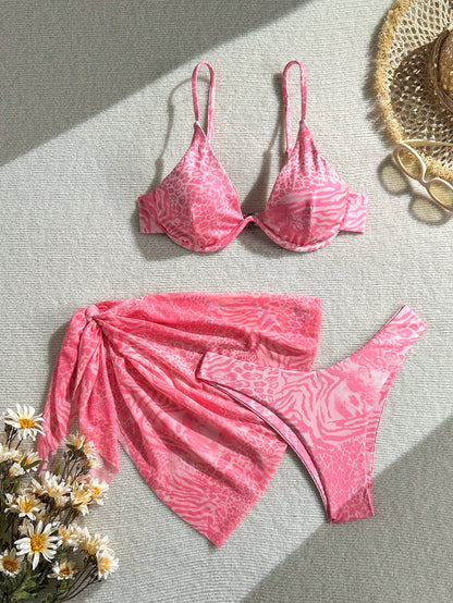 2026 European And American Women's Sexy Retro Leopard Print Bikini With Steel Support 3 PiecesSwimwear Vacation Beach Summer