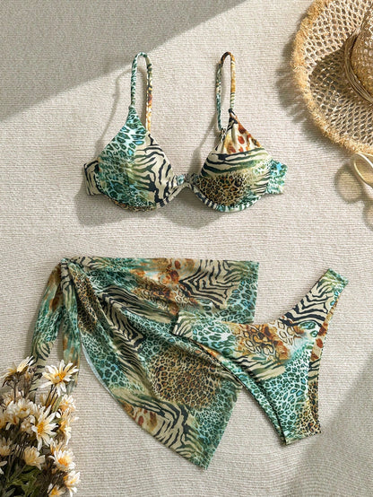 2026 European And American Women's Sexy Retro Leopard Print Bikini With Steel Support 3 PiecesSwimwear Vacation Beach Summer