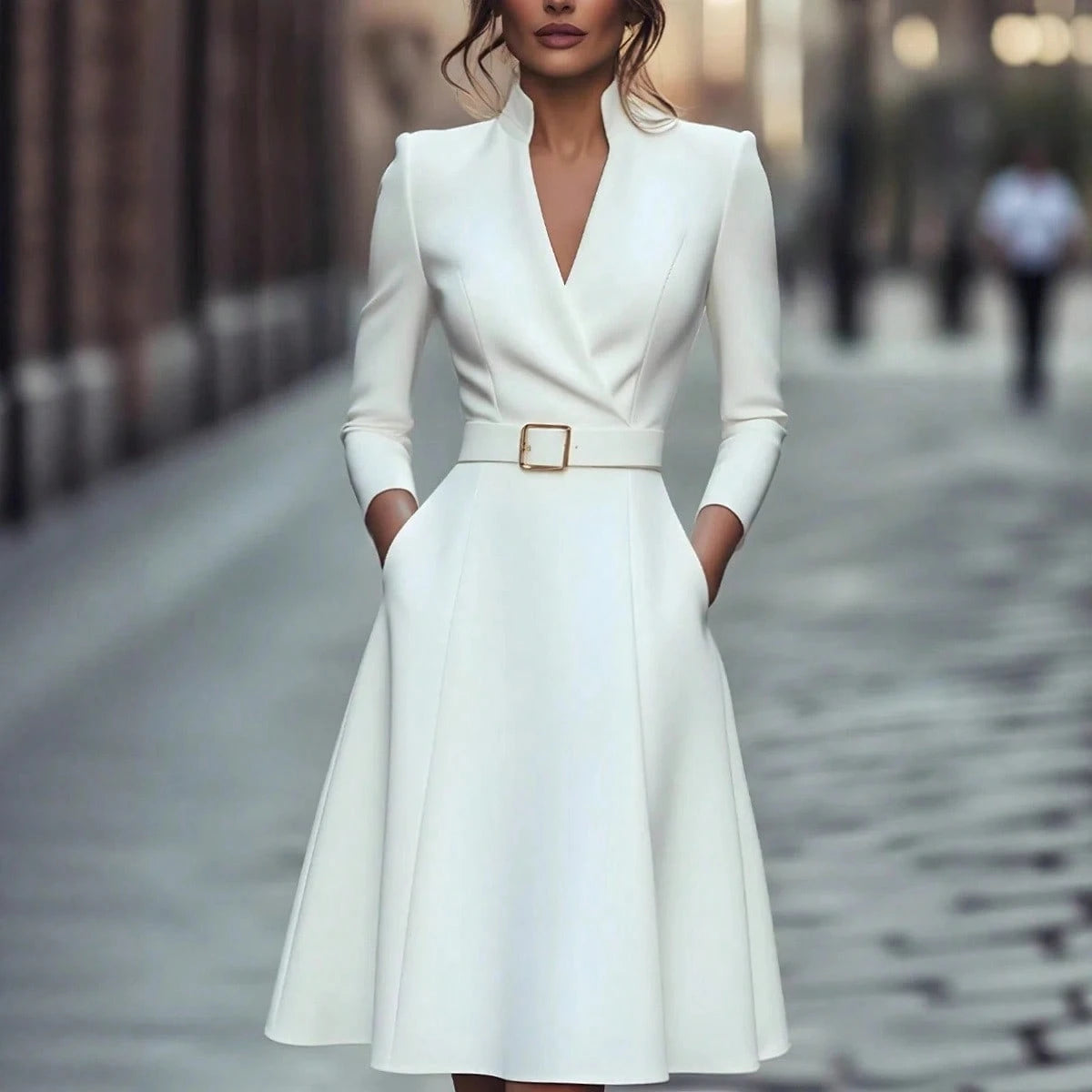 2026 Hot European Solid Color V Neck Waist Cinched Swing Long Sleeve Autumn Winter Dress
