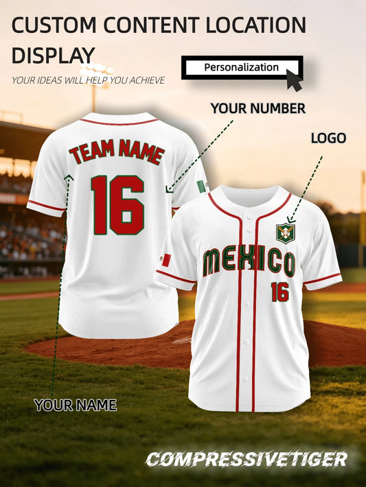 2026 Mexico Home White Baseball Jersey With Red And Green Trim, Full Customization Service, Loose Button-Up Style Sports