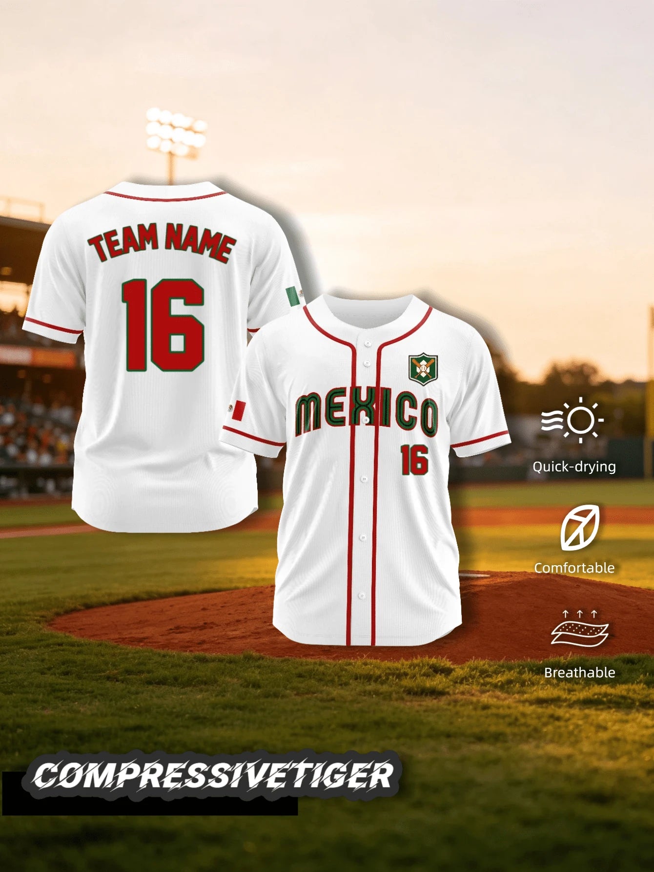 2026 Mexico Home White Baseball Jersey With Red And Green Trim, Full Customization Service, Loose Button-Up Style Sports