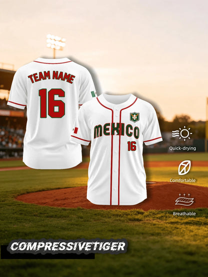 2026 Mexico Home White Baseball Jersey With Red And Green Trim, Full Customization Service, Loose Button-Up Style Sports