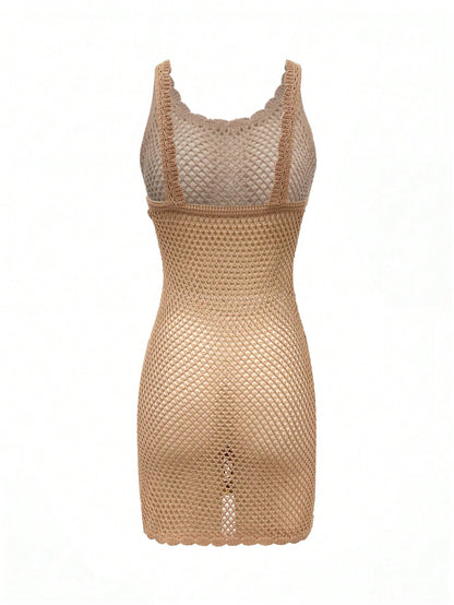 2026 New Arrival Women's Sexy Sequin Design Spaghetti Strap Hollow Sheer Beach Vacation Sleeveless Cover Up Mini Dress Summer, Western Boho