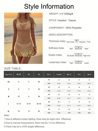 2026 New Arrival Women's Sexy Sequin Design Spaghetti Strap Hollow Sheer Beach Vacation Sleeveless Cover Up Mini Dress Summer, Western Boho