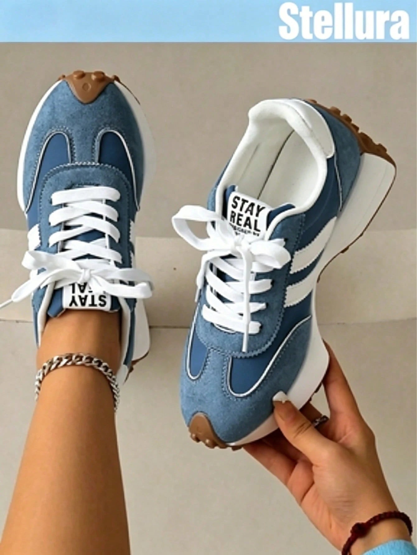 2026 New Retro Suede Sneakers Women, Blue White Casual Lace-Up Trainers, Comfortable Non-Slip Chunky Sole Running Shoes, Aesthetic