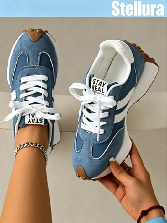 2026 New Retro Suede Sneakers Women, Blue White Casual Lace-Up Trainers, Comfortable Non-Slip Chunky Sole Running Shoes, Aesthetic