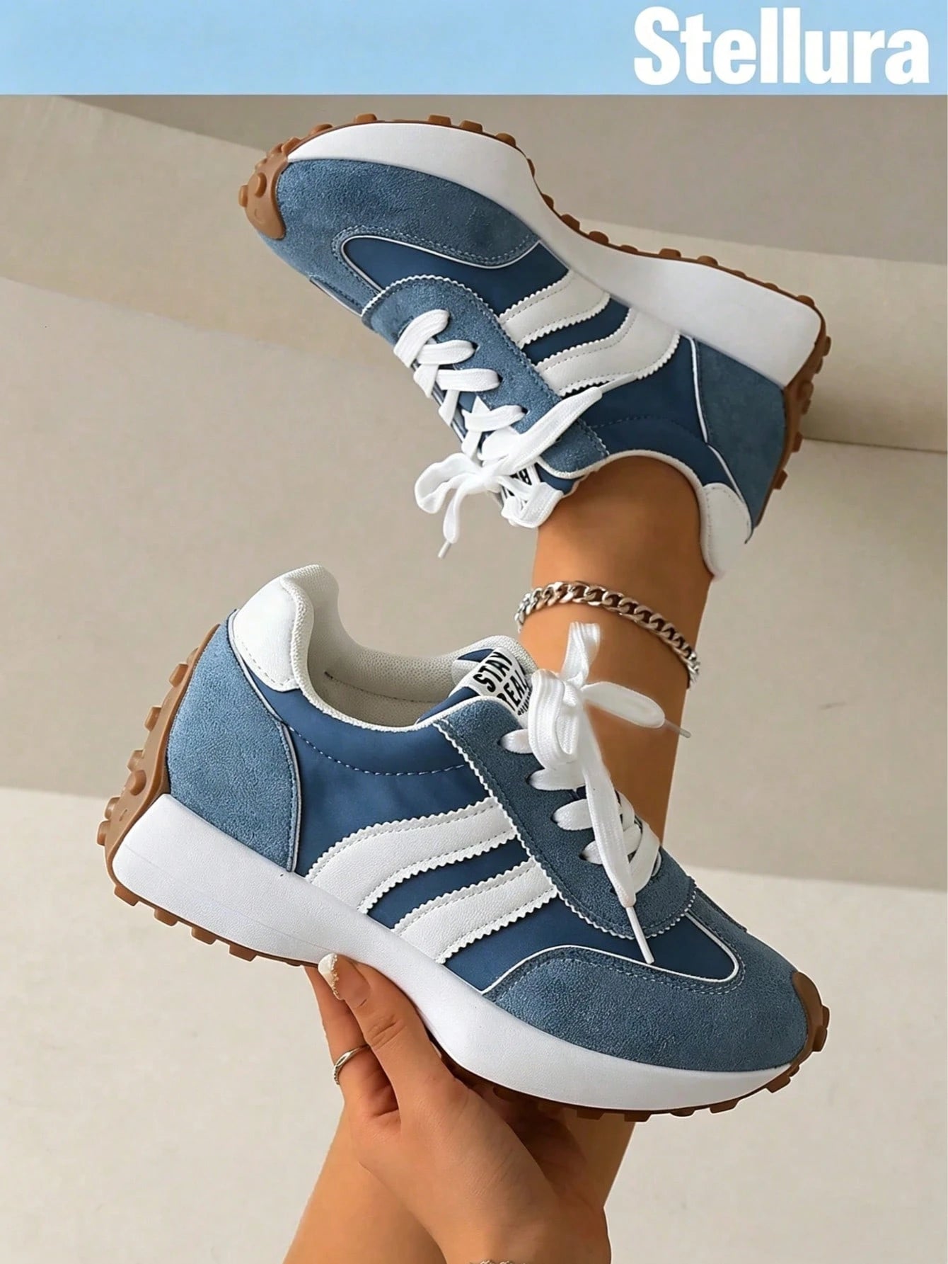 2026 New Retro Suede Sneakers Women, Blue White Casual Lace-Up Trainers, Comfortable Non-Slip Chunky Sole Running Shoes, Aesthetic