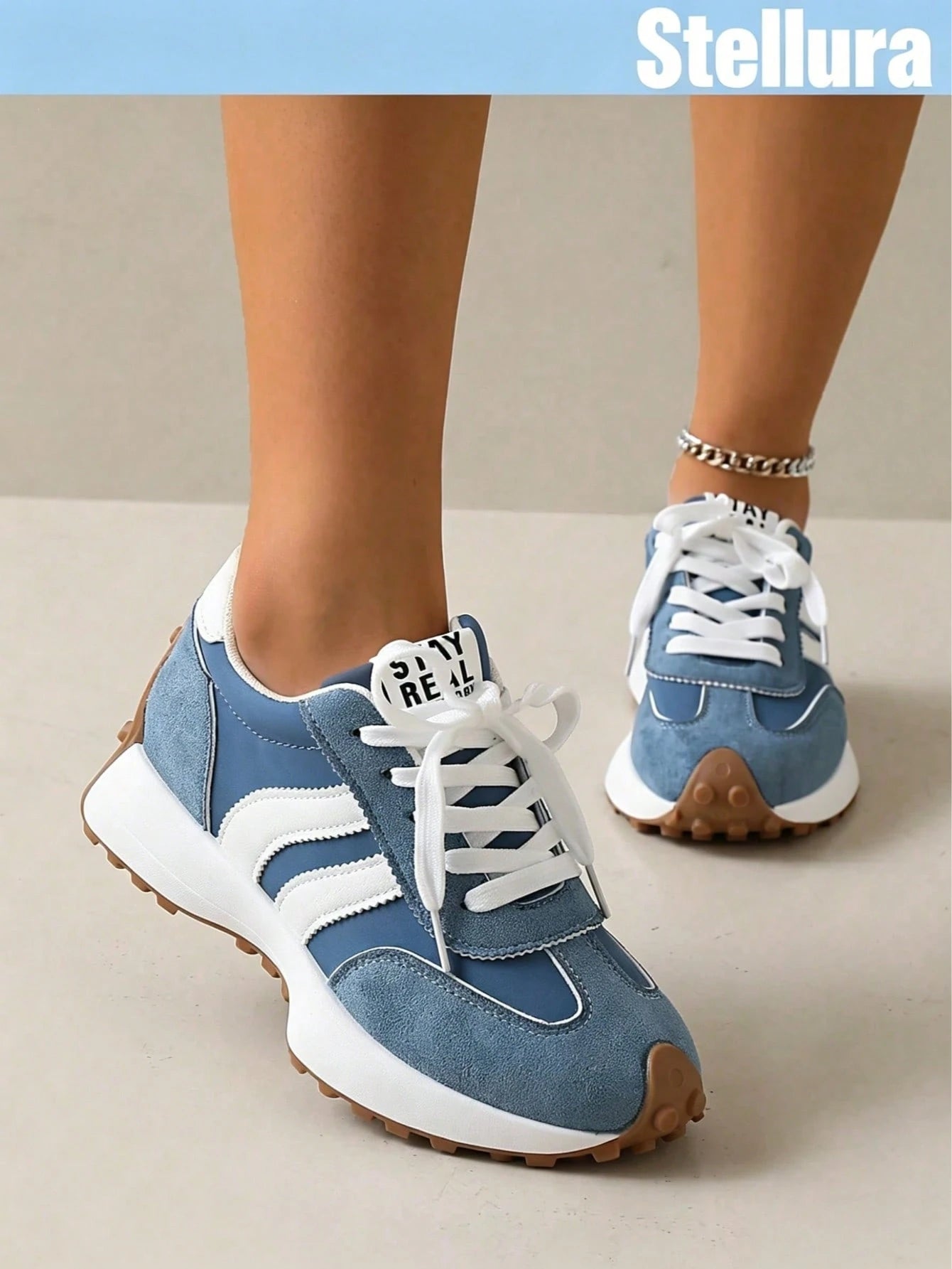 2026 New Retro Suede Sneakers Women, Blue White Casual Lace-Up Trainers, Comfortable Non-Slip Chunky Sole Running Shoes, Aesthetic