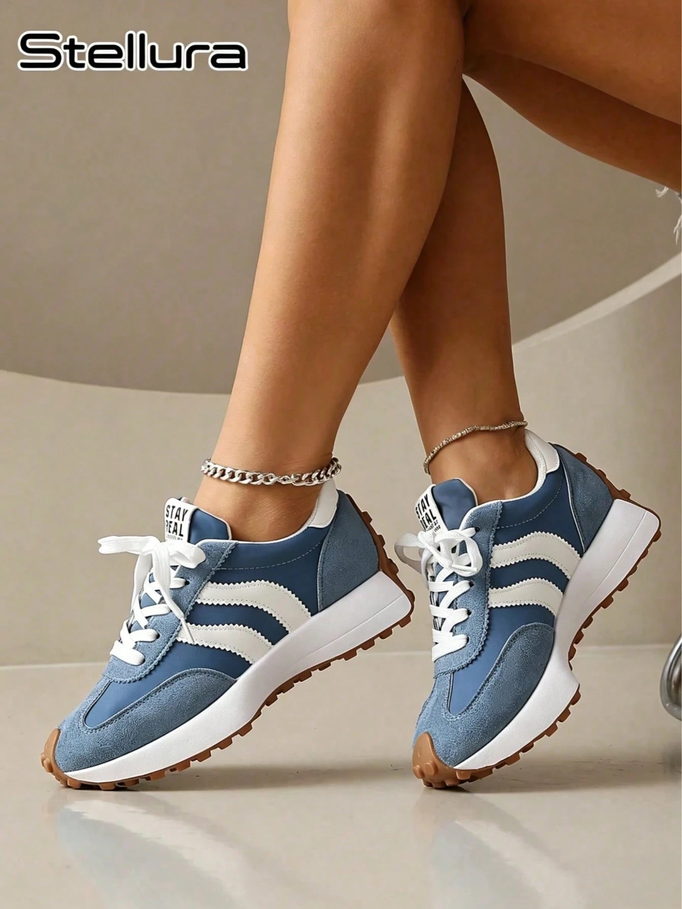 2026 New Retro Suede Sneakers Women, Blue White Casual Lace-Up Trainers, Comfortable Non-Slip Chunky Sole Running Shoes, Aesthetic