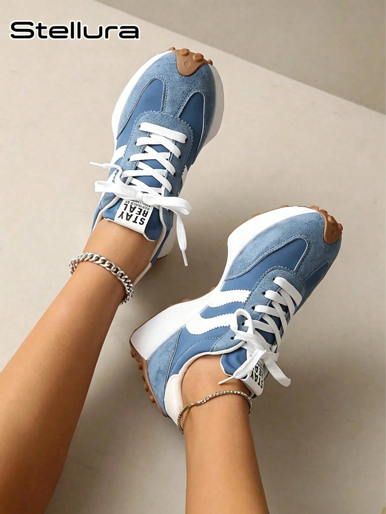 2026 New Retro Suede Sneakers Women, Blue White Casual Lace-Up Trainers, Comfortable Non-Slip Chunky Sole Running Shoes, Aesthetic