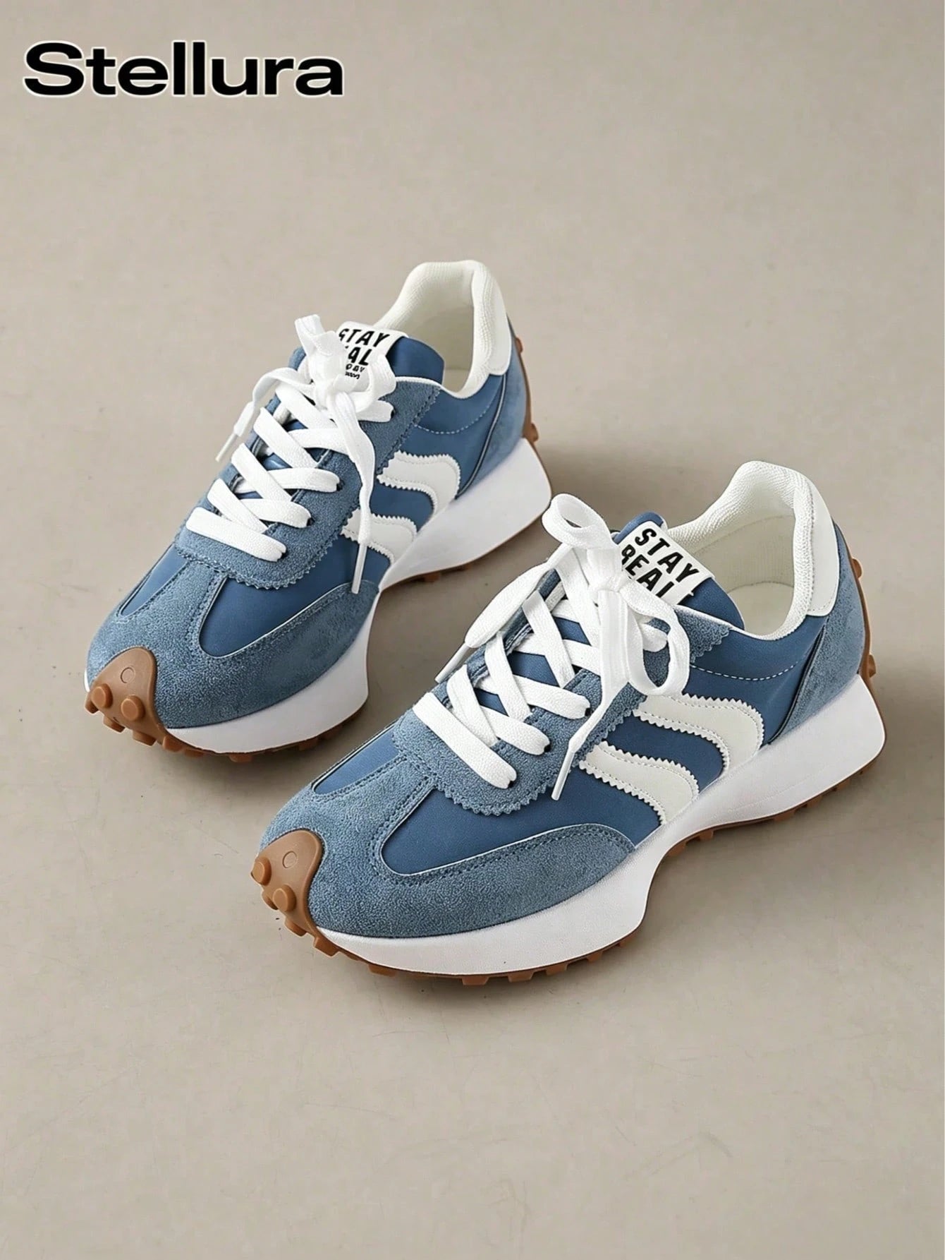 2026 New Retro Suede Sneakers Women, Blue White Casual Lace-Up Trainers, Comfortable Non-Slip Chunky Sole Running Shoes, Aesthetic