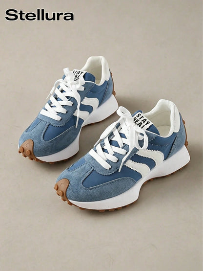 2026 New Retro Suede Sneakers Women, Blue White Casual Lace-Up Trainers, Comfortable Non-Slip Chunky Sole Running Shoes, Aesthetic