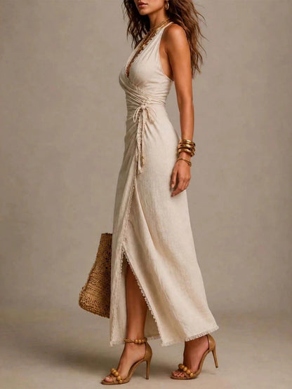 2026 Off-White Linen-Cotton Textured V-Neck Raw Edge Wrap Tie Ruched Slit Midi Dress, Slim Fit Vacation Style