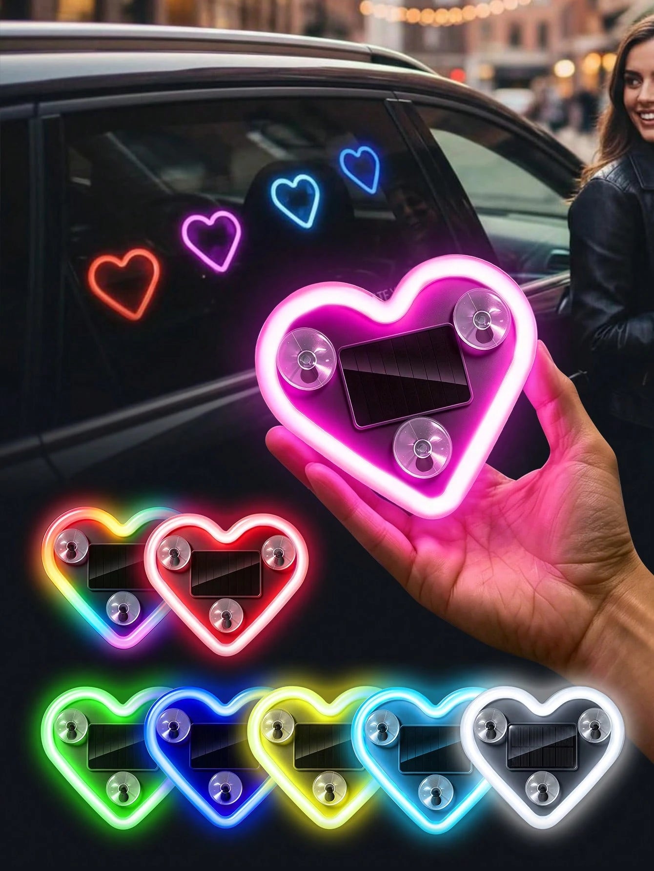 2026 Solar Powered LED Heart Neon Light, Wireless Car Atmosphere Light, 5 Romantic Modes Auto-Sensing Rear Window Decoration, Cute Car Accessory, Suitable For Women And Couples, Soft Light Interior Ca