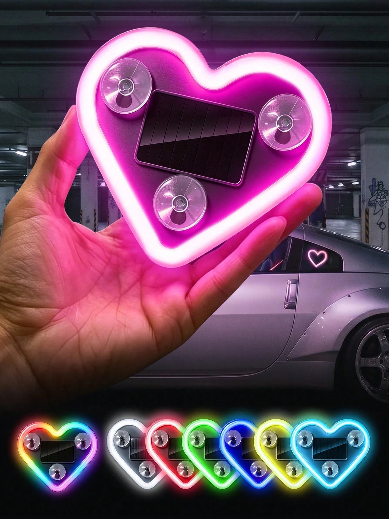 2026 Solar Powered LED Heart Neon Light, Wireless Car Atmosphere Light, 5 Romantic Modes Auto-Sensing Rear Window Decoration, Cute Car Accessory, Suitable For Women And Couples, Soft Light Interior Ca