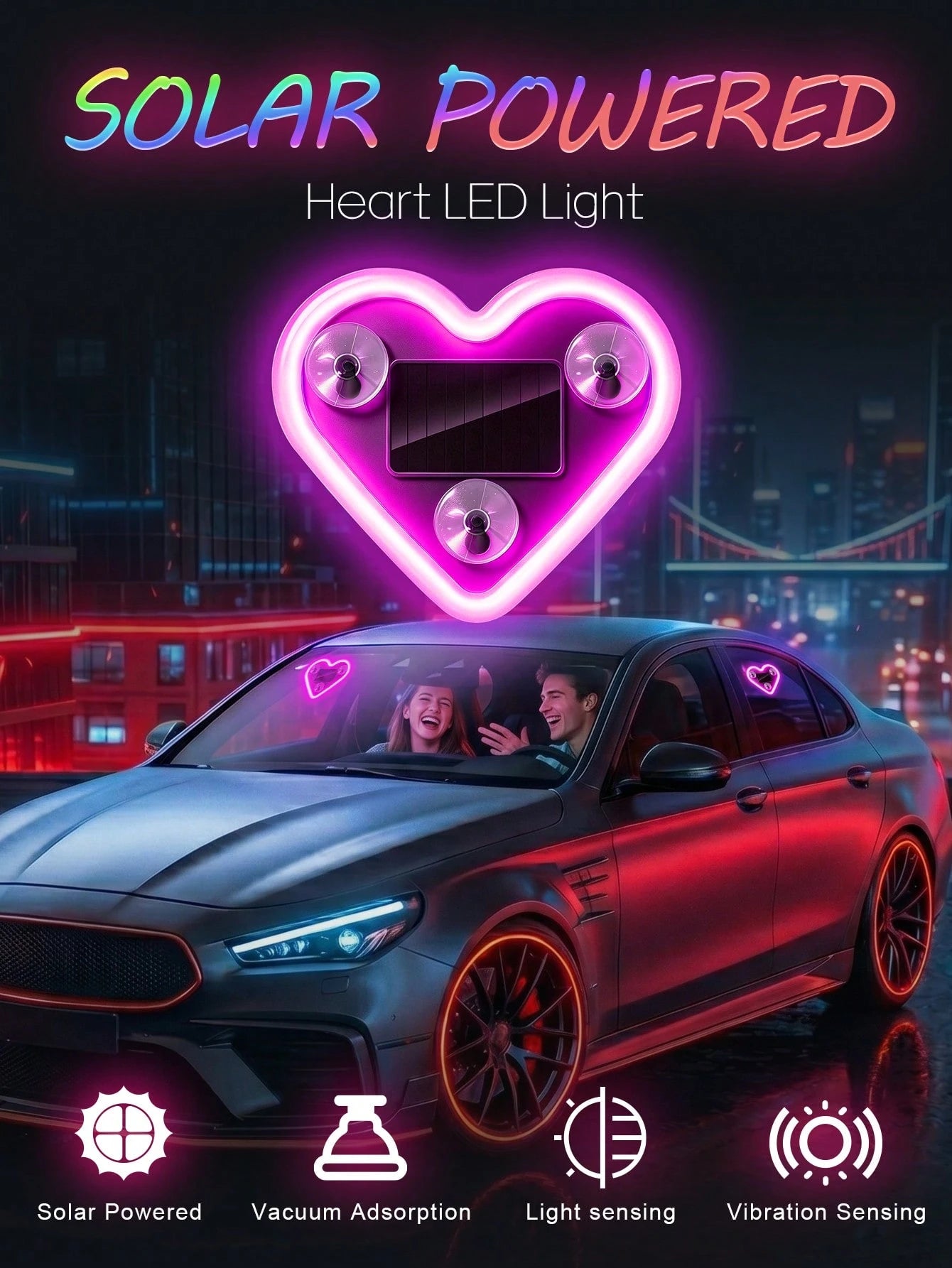 2026 Solar Powered LED Heart Neon Light, Wireless Car Atmosphere Light, 5 Romantic Modes Auto-Sensing Rear Window Decoration, Cute Car Accessory, Suitable For Women And Couples, Soft Light Interior Ca