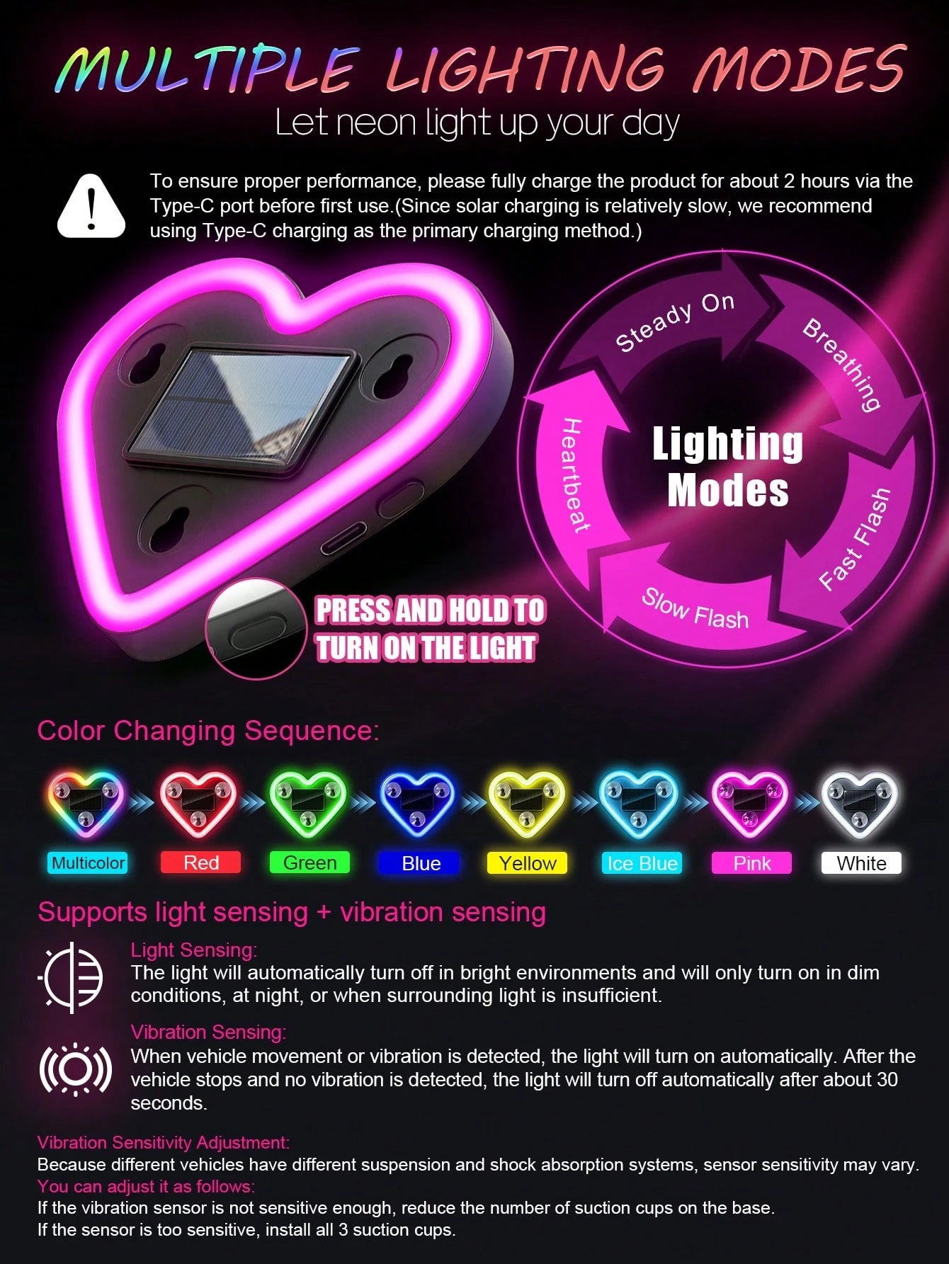 2026 Solar Powered LED Heart Neon Light, Wireless Car Atmosphere Light, 5 Romantic Modes Auto-Sensing Rear Window Decoration, Cute Car Accessory, Suitable For Women And Couples, Soft Light Interior Ca