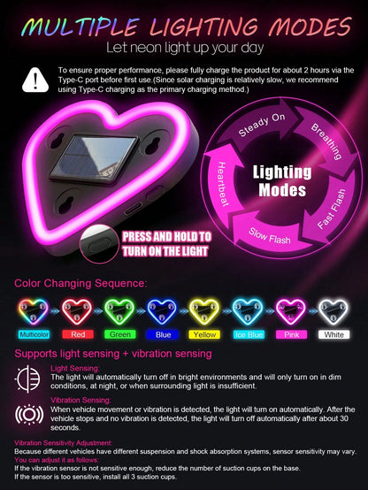 2026 Solar Powered LED Heart Neon Light, Wireless Car Atmosphere Light, 5 Romantic Modes Auto-Sensing Rear Window Decoration, Cute Car Accessory, Suitable For Women And Couples, Soft Light Interior Ca