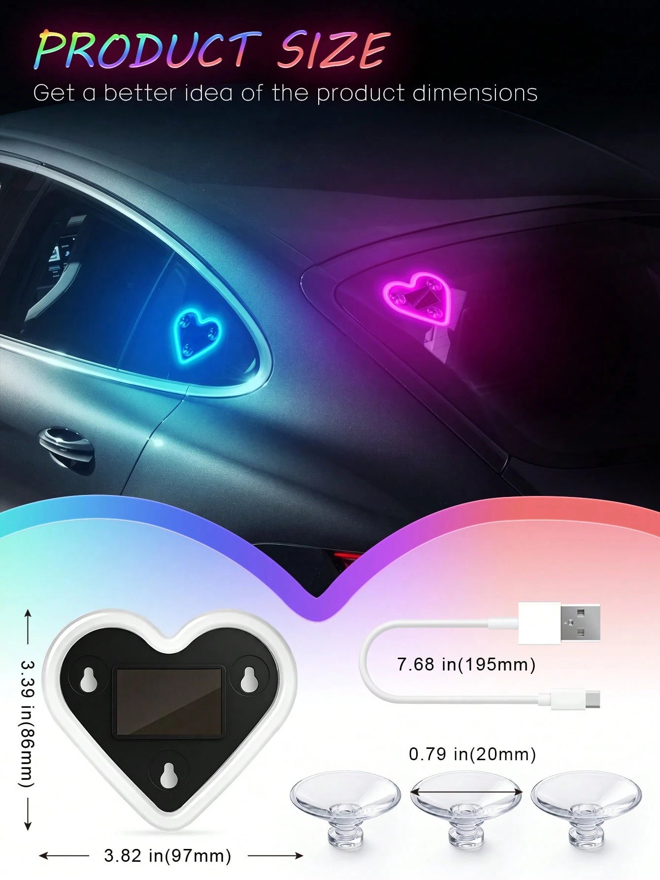 2026 Solar Powered LED Heart Neon Light, Wireless Car Atmosphere Light, 5 Romantic Modes Auto-Sensing Rear Window Decoration, Cute Car Accessory, Suitable For Women And Couples, Soft Light Interior Ca