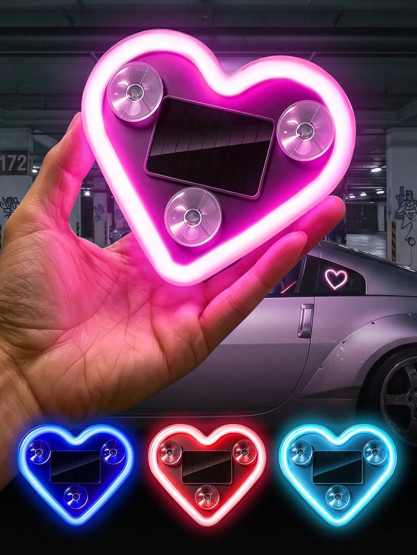 2026 Solar Powered LED Heart Neon Light, Wireless Car Atmosphere Light, 5 Romantic Modes Auto-Sensing Rear Window Decoration, Cute Car Accessory, Suitable For Women And Couples, Soft Light Interior Ca