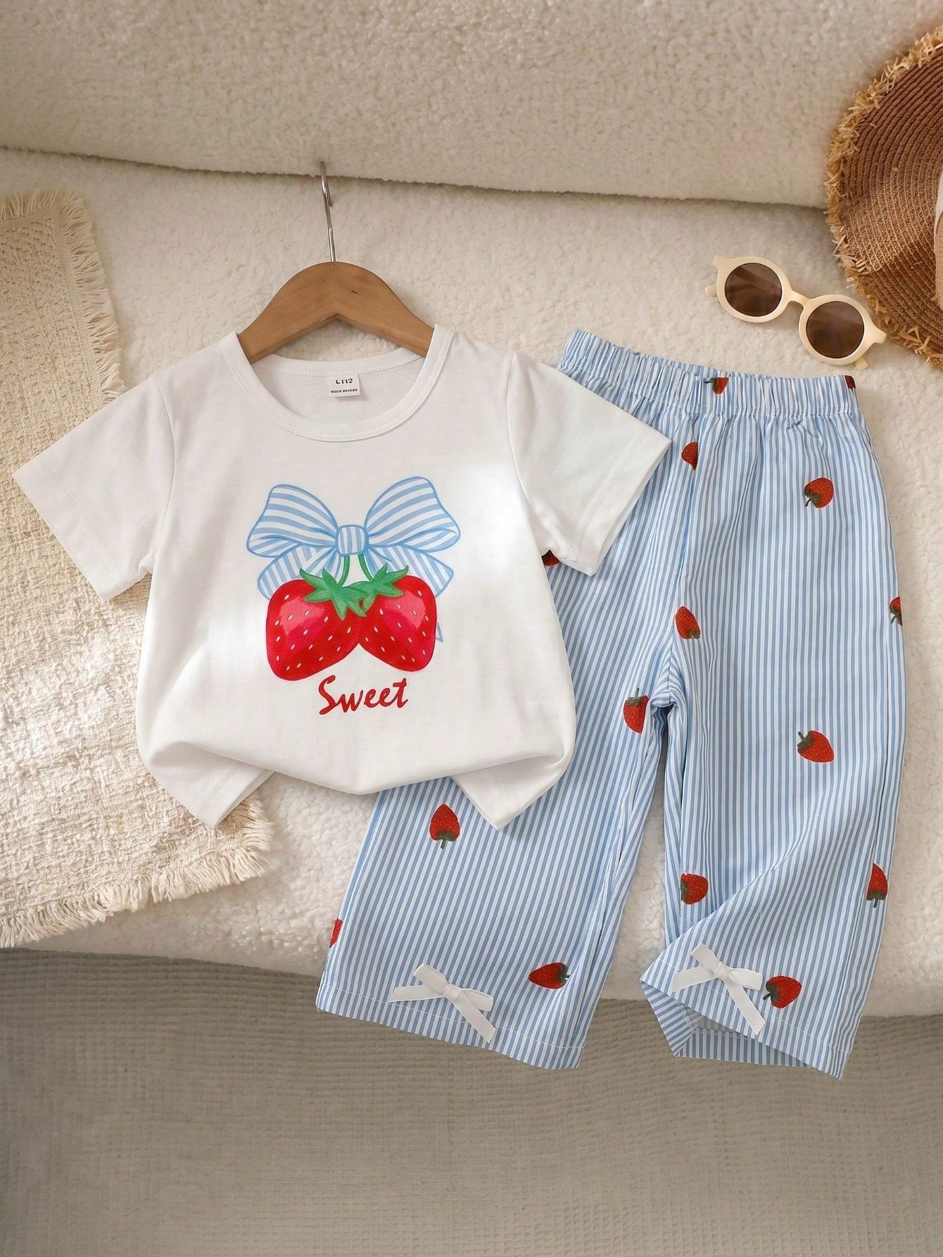 2026 Summer New Cute 3D Bow Short Sleeve Top + Unique Bow Wide Leg Casual Pants Baby Girls Blue 2-Piece Set