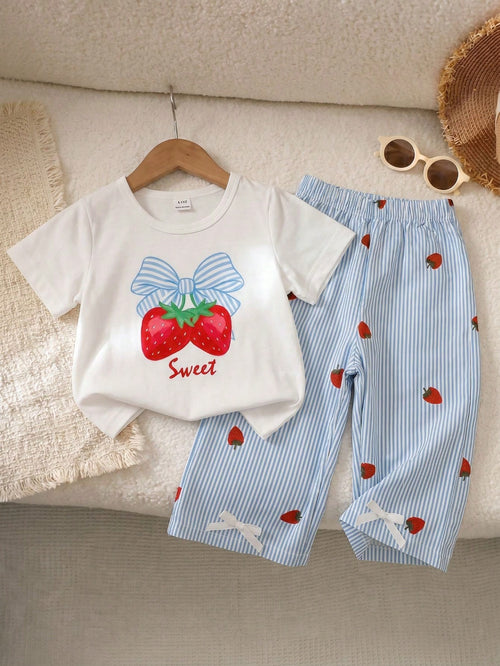 2026 Summer New Cute 3D Bow Short Sleeve Top + Unique Bow Wide Leg Casual Pants Baby Girls Blue 2-Piece Set