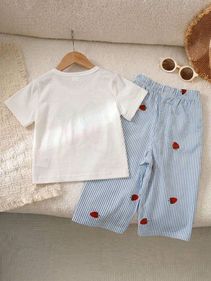 2026 Summer New Cute 3D Bow Short Sleeve Top + Unique Bow Wide Leg Casual Pants Baby Girls Blue 2-Piece Set