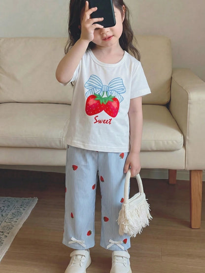 2026 Summer New Cute 3D Bow Short Sleeve Top + Unique Bow Wide Leg Casual Pants Baby Girls Blue 2-Piece Set