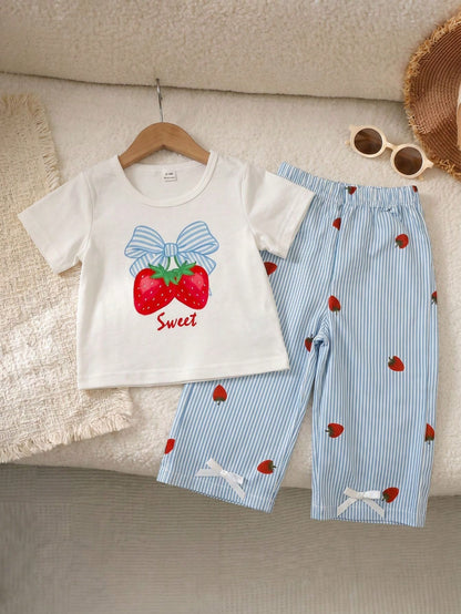 2026 Summer New Cute 3D Bow Short Sleeve Top + Unique Bow Wide Leg Casual Pants Baby Girls Blue 2-Piece Set