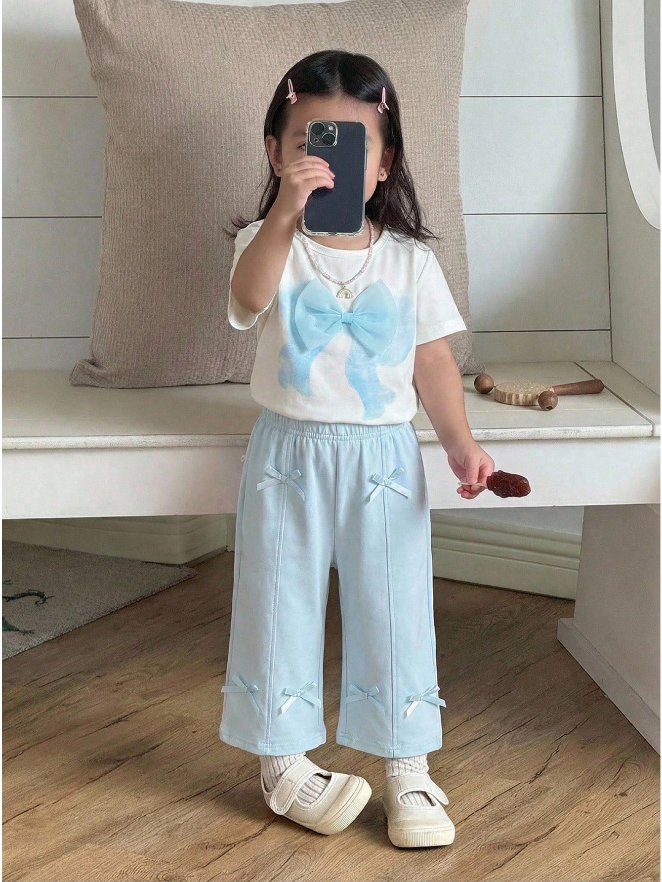 2026 Summer New Cute 3D Bow Short Sleeve Top + Unique Bow Wide Leg Casual Pants Baby Girls Blue 2-Piece Set