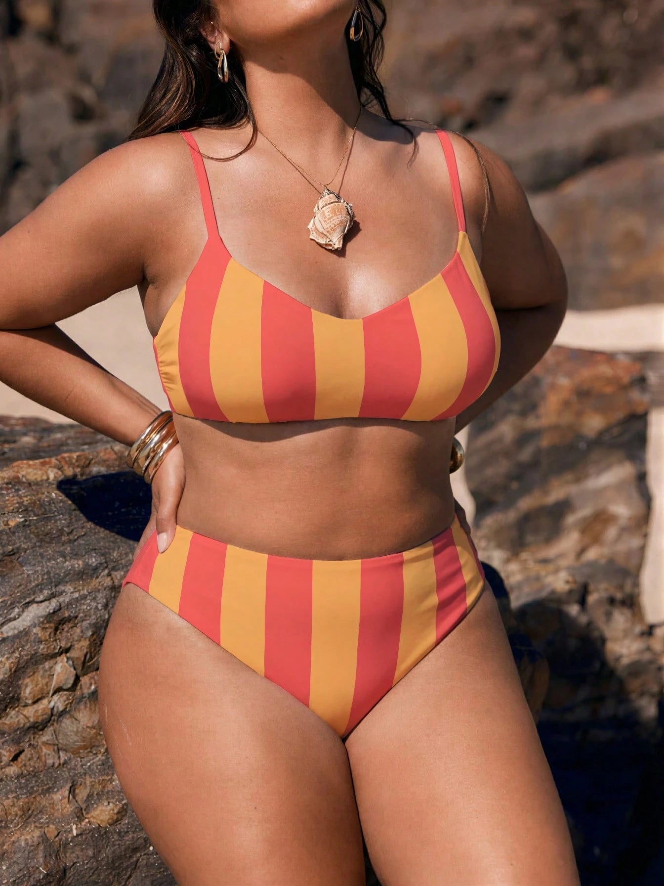 2026 Summer New Plus Size Women's Red & Yellow Wide Vertical Stripe Print Bikini Set, Random Print Shoulder Straps, Fresh Sweet Style Two Pieces Swimsuit, High Waist Tummy Control, Fashionable & Versa