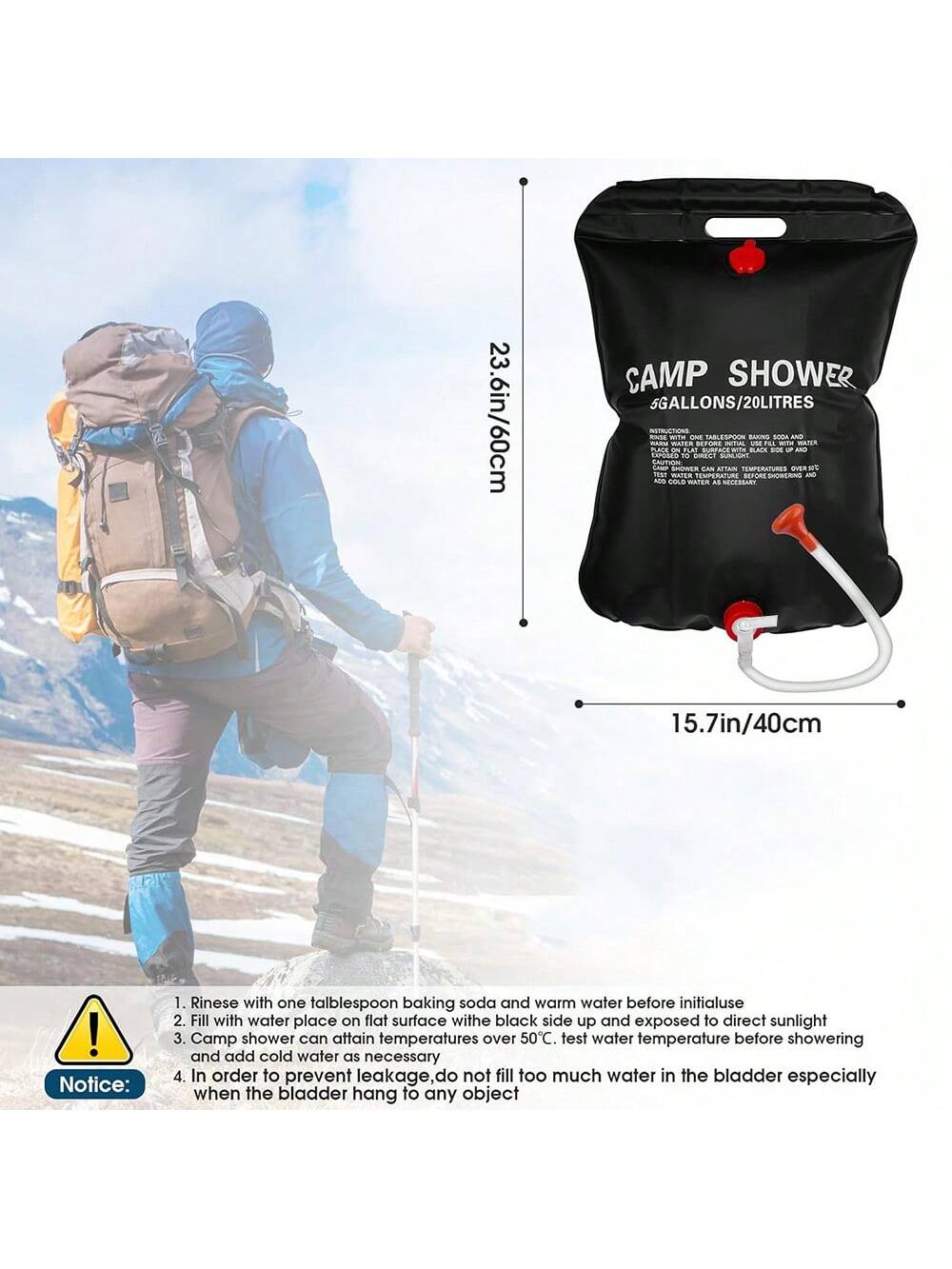 20L Portable Camping Shower Bag With Removable Hose And On-Off Switchable Shower Head For Outdoor Camping & Traveling, Two Styles Shipped Randomly